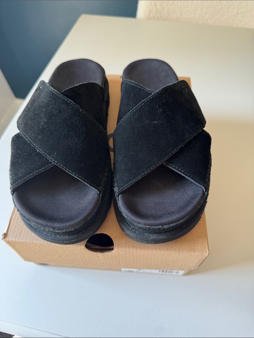 UGG Black Suede Crisscross Slide Sandals